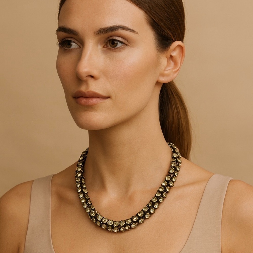 Statement Crystal Collar Necklace Olive & Champagne Tones Adjustable Luxury Look